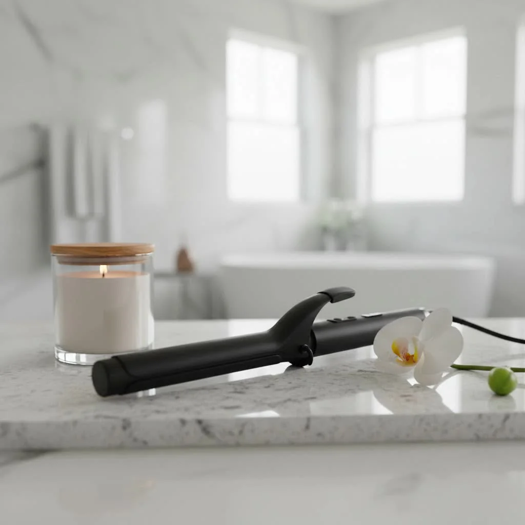 Woman styling her hair with a 2-in-1 hair straightener and curler