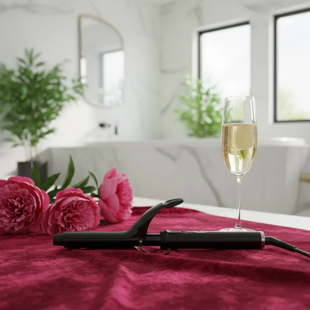 Woman using a Conair automatic hair curler to style her hair