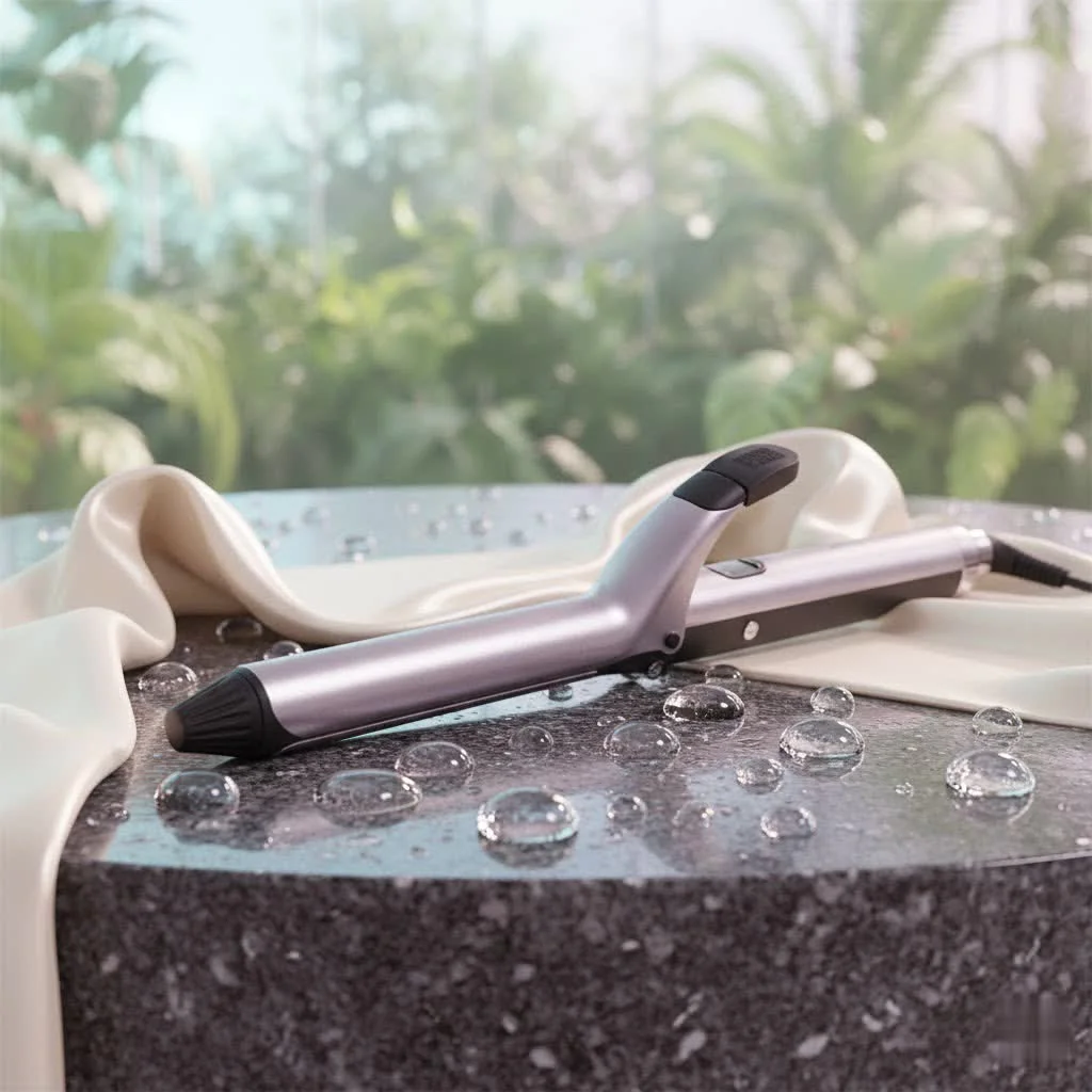 Woman with perfectly curled hair styled by an automatic curler